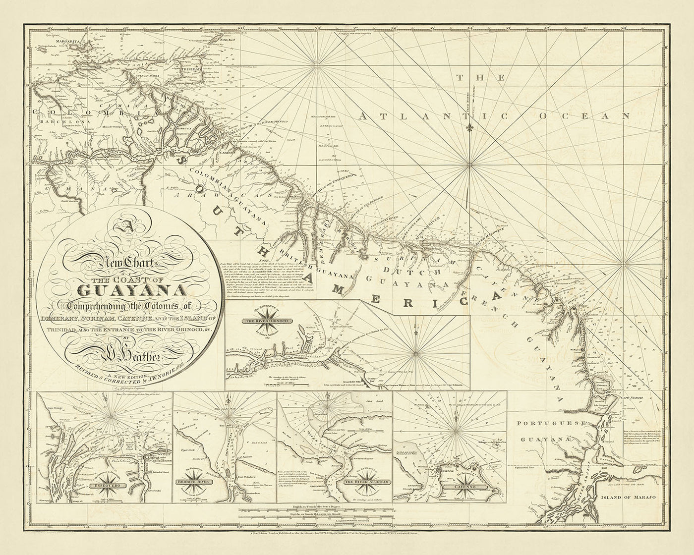 Alte Seekarte der Küste von Guyana von Heather, 1828: Demerary, Surinam, Cayenne