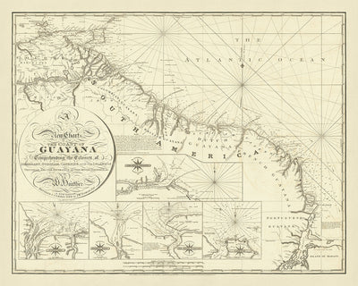 Alter Seekarte der Küste von Guyana von Heather, 1828: Demerary, Surinam, Cayenne 