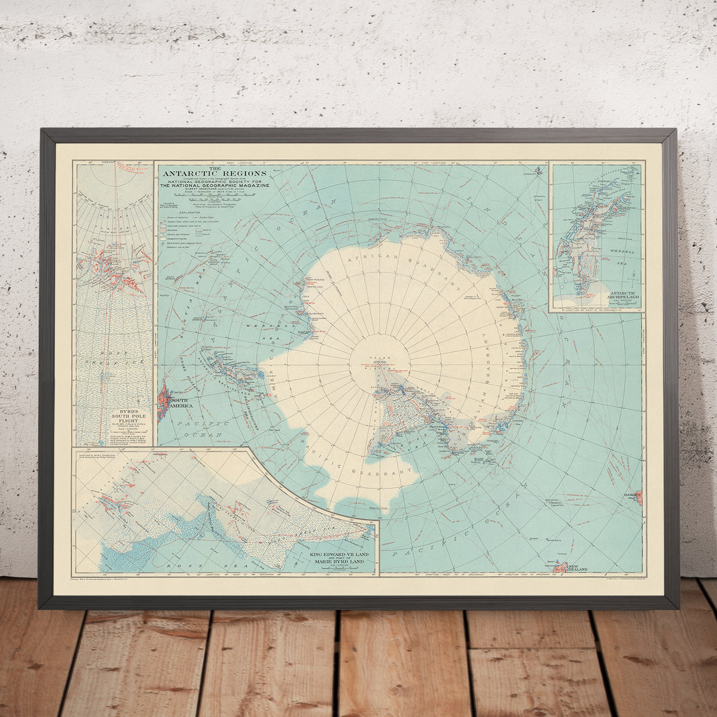 Old Map of Antarctica Exploration, 1932 by National Geographic Society: Shackleton, Amundsen, Byrd, Scott & Mawson