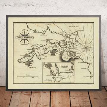 Old Port Mahon, Minorca Nautical Chart by Heather, 1802: Citadel, Fort St. Philip, Lazaretto