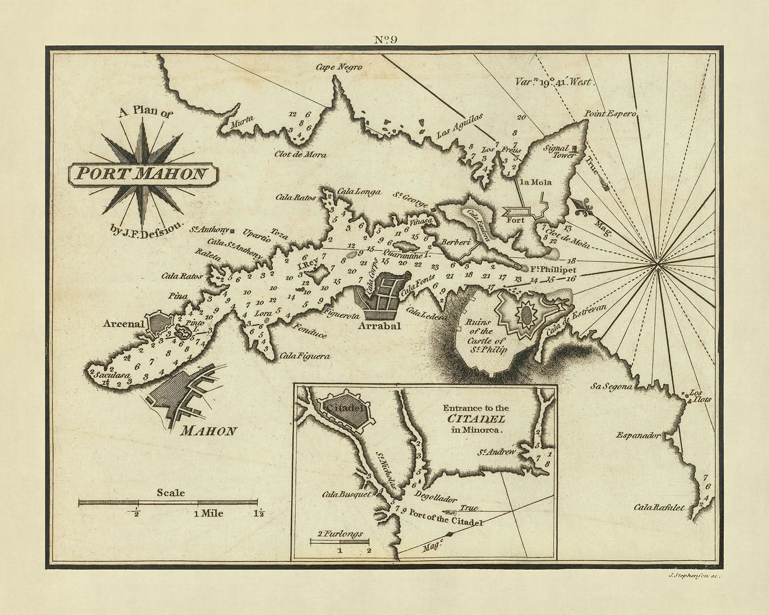 Mahon Point Map Old Port Mahon, Minorca Nautical Chart by Heather, 1802: Citadel, Fort ...