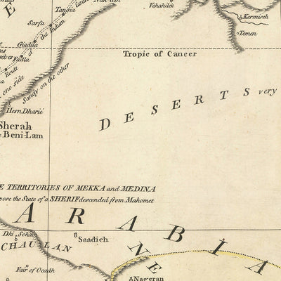 Mapa antiguo de Oriente Medio de Laurie & Whittle, 1794: desierto árido, rutas de caravanas a Damasco, islas de Bahrein, Samara y Pasteles, emirato de Ras Al Khaimah y la Mezquita Blanca.
