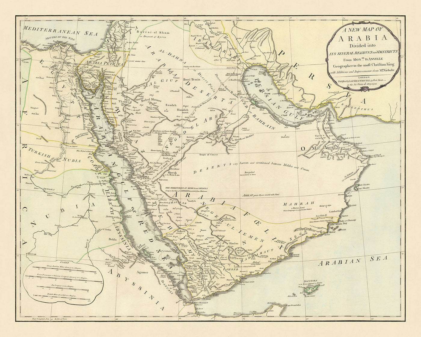 Old Map of the Middle East by Laurie & Whittle, 1794: Caravan Routes to Damascus, Bahrain, Yemen, Oman, Emirate of Ras Al Khaimah