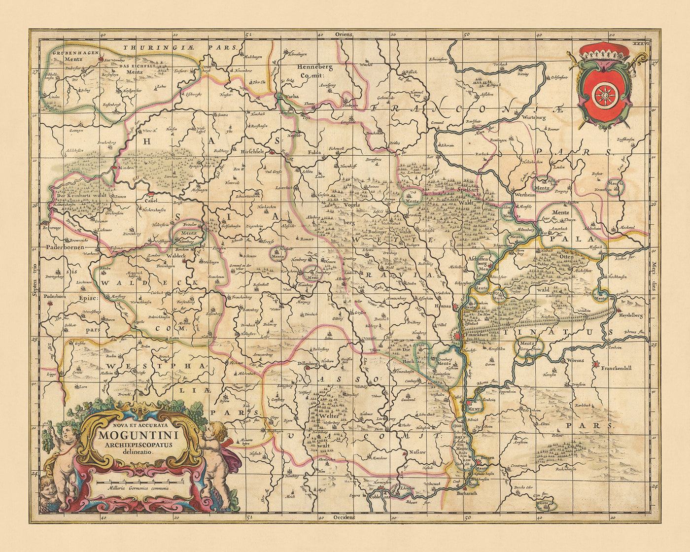 Old Map of Archbishopric of Mainz by Visscher, 1690: Frankfurt, Darmstadt, Kassel, Mannheim, Göttingen