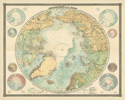 Large Old Map of Arctic Exploration by Haardt, 1898: Frobisher, Hudson, Franklin, Nansen, Andrée