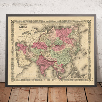 Old Map of Asia by AJ Johnson, 1864: Hand-Coloured Mercator Projection