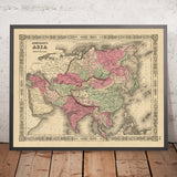 Antigua Mapa de Asia por AJ Johnson, 1864: Proyección Mercator a Mano 
