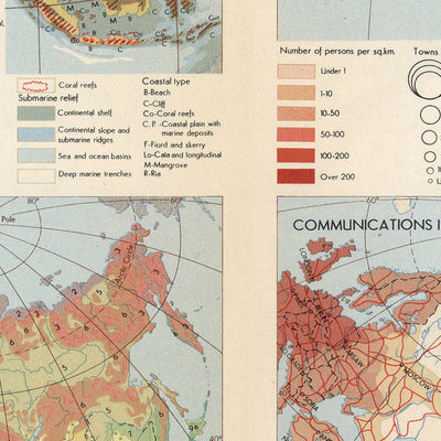 Old Infographic Map of Asia, 1967: Geology, Population Density, Communications, Ethnography, Agriculture