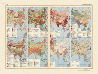 Old Infographic Map of Asia, 1967: Geology, Population Density, Communications, Ethnography, Agriculture