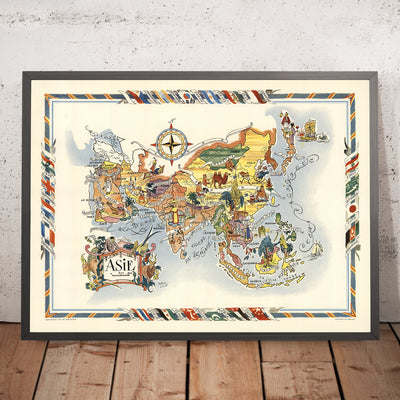 Antiguo mapa de Asia de Liozu, 1951: diseño pictórico, límites posteriores a la Segunda Guerra Mundial, ilustraciones culturales