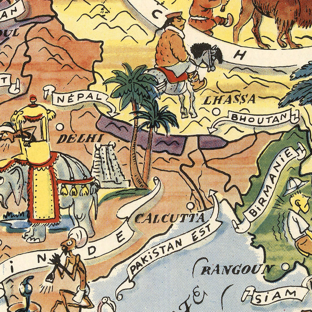 Antiguo mapa de Asia de Liozu, 1951: diseño pictórico, límites posteriores a la Segunda Guerra Mundial, ilustraciones culturales