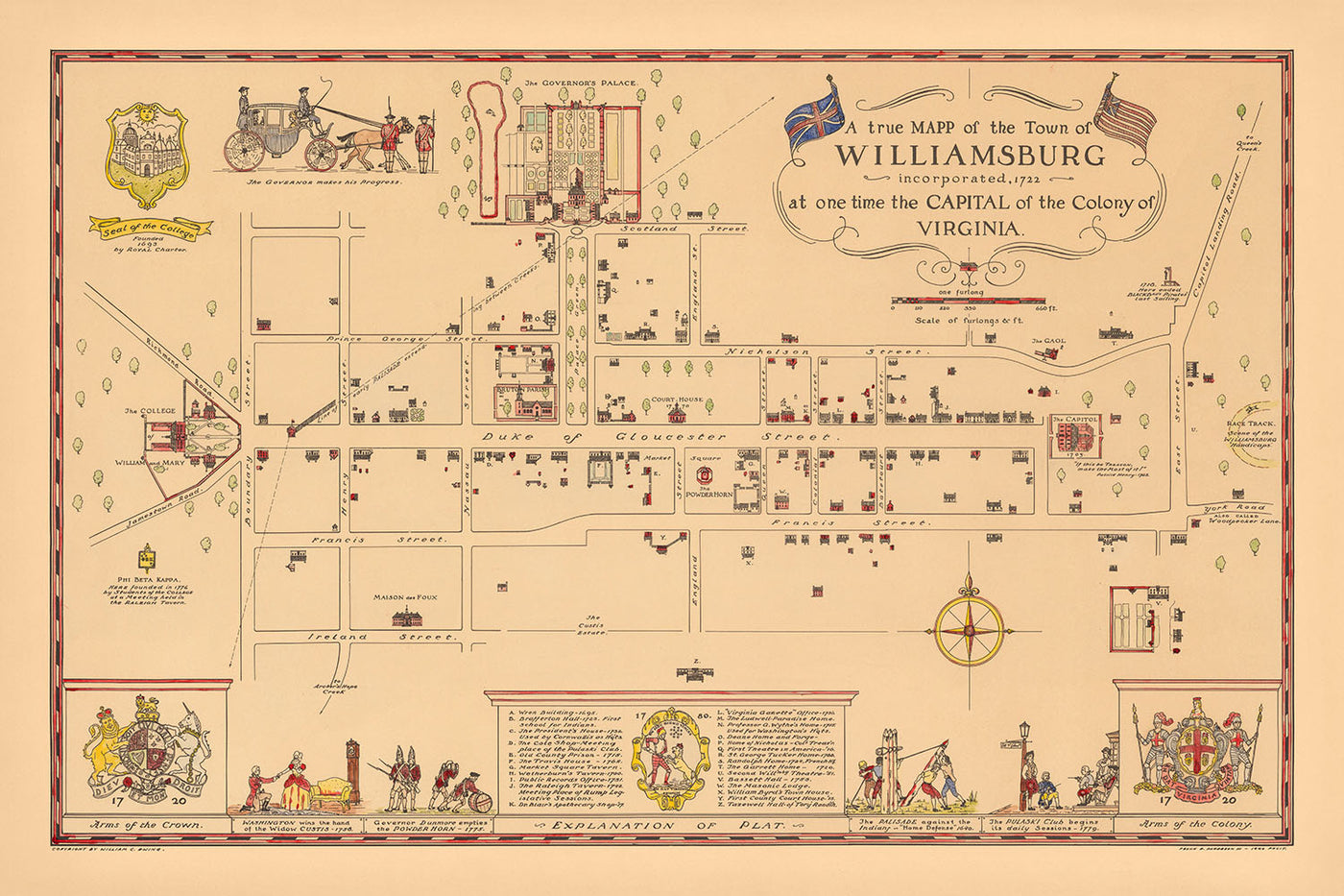 Alte Bildkarte von Williamsburg von Patterson, 1940: Gouverneurspalast, College, Kapitol, Gefängnis, Taverne