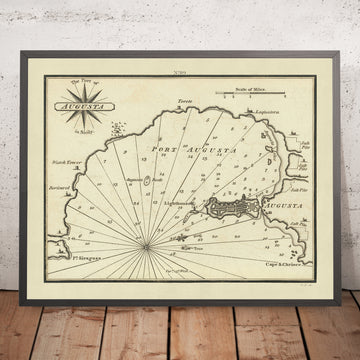 Porto Vecchio di Augusta, Sicilia Carta Nautica di Heather, 1802: Fondali, Faro 