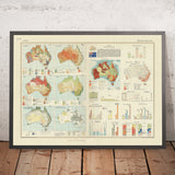 Ancienne carte infographique de l'Australie, 1967 : Agriculture, Géologie, Emploi, Climat, Eaux souterraines, Commerce extérieur 