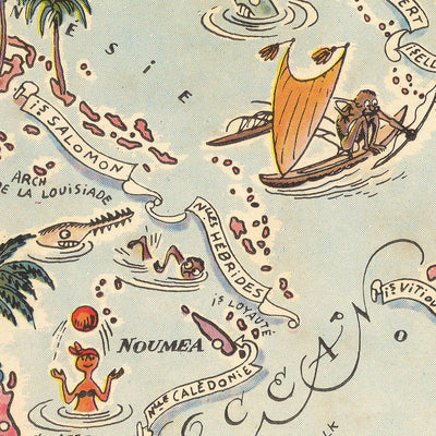 Mapa antiguo de Australia y Oceanía de Liozu, 1951: visión decorativa, pictórica e histórica