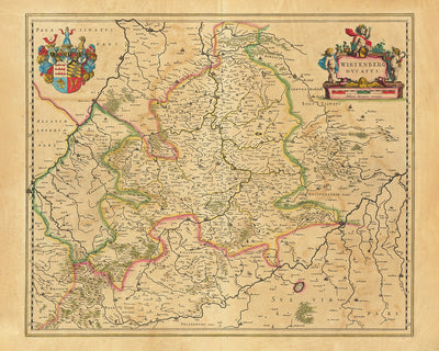 Mapa antiguo de Baden-Württemberg por Willem Blaeu, 1635: Stuttgart, Heidelberg, Mannheim, Karlsruhe y Ulm, con el río Neckar, el lago de Constanza y la Selva Negra.