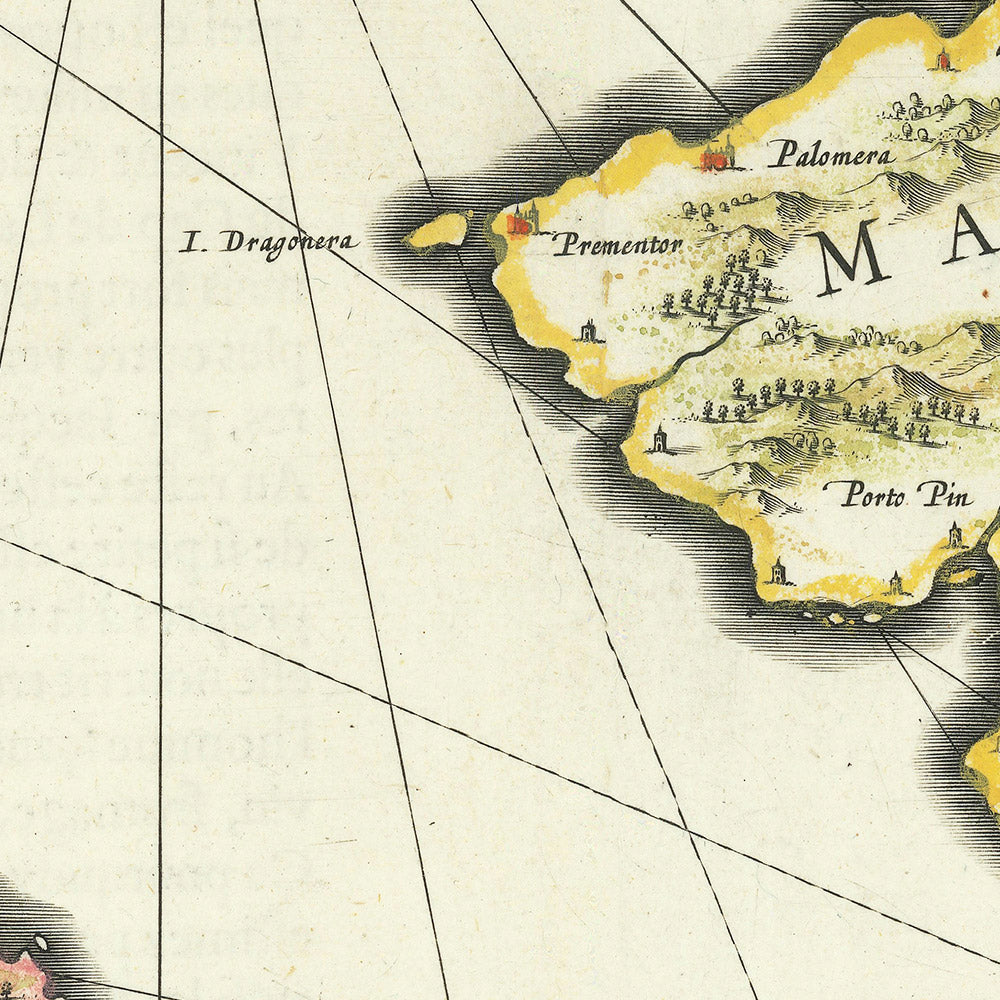 Mapa antiguo de las Islas Baleares, 1640: Mallorca, Menorca, Ibiza, costa catalana, monstruos marinos