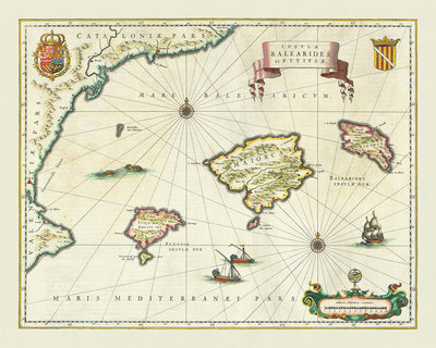 Old Map of the Balearic Islands, 1640: Majorca, Minorca, Ibiza, Catalan Coastline, Sea Monsters