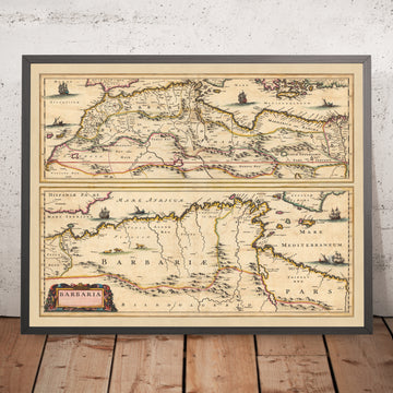 Mapa antiguo de Barbary por Visscher, 1690: Bárbaros, Argel, Túnez, El Cairo, Islas Canarias, Desierto del Sahara 