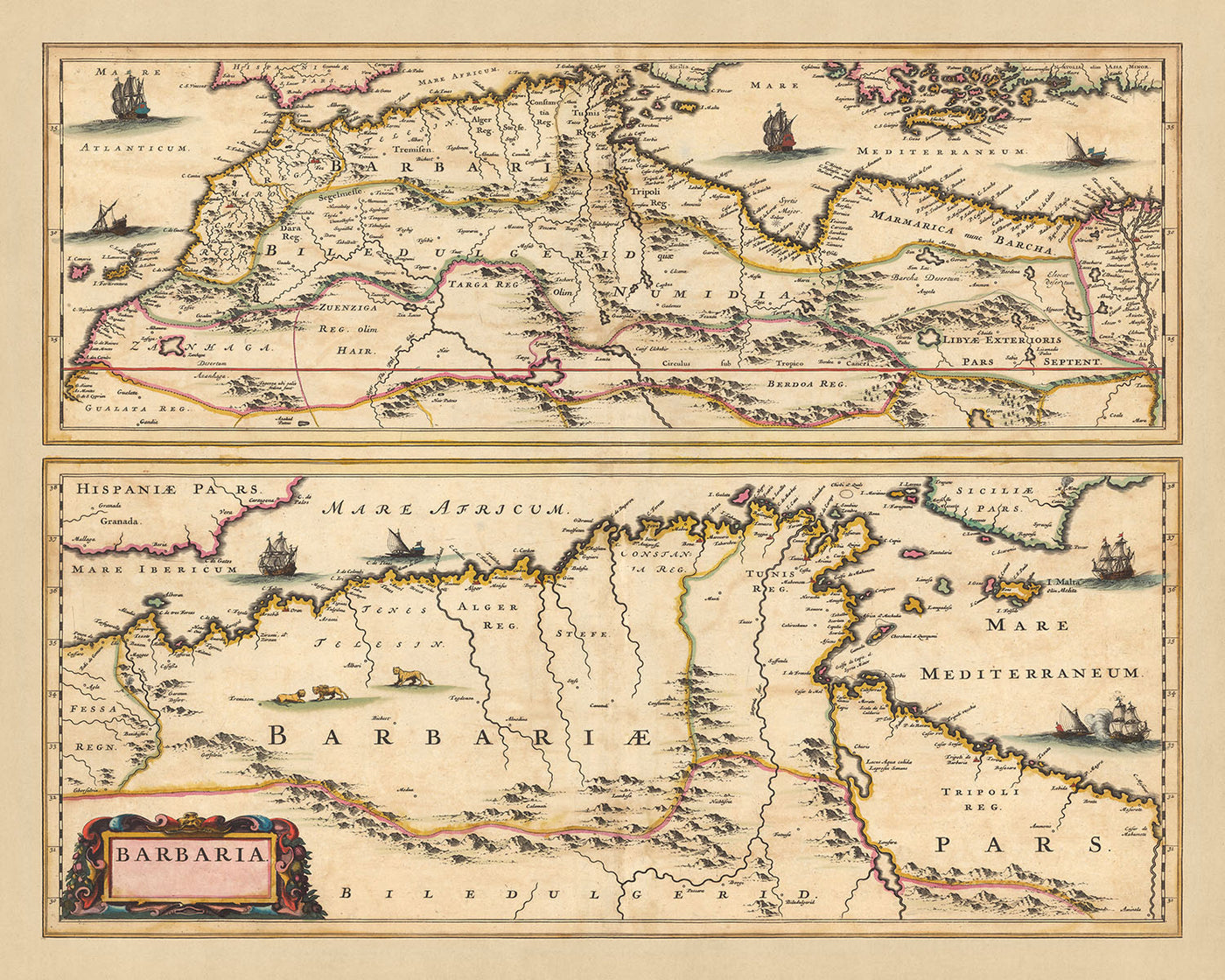 Old Map of Barbary by Visscher, 1690: Barbarians, Algiers, Tunis, Cairo, Canary Islands, Sahara Desert