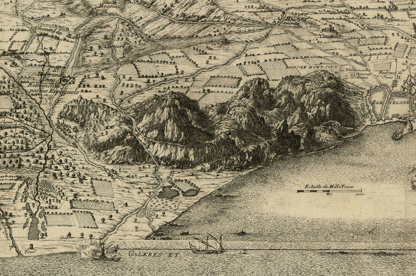 Antiguo mapa a vista de pájaro del asedio de Barcelona por Beaulieu, 1697: Montjuïc, fuerzas navales, campamentos franceses.