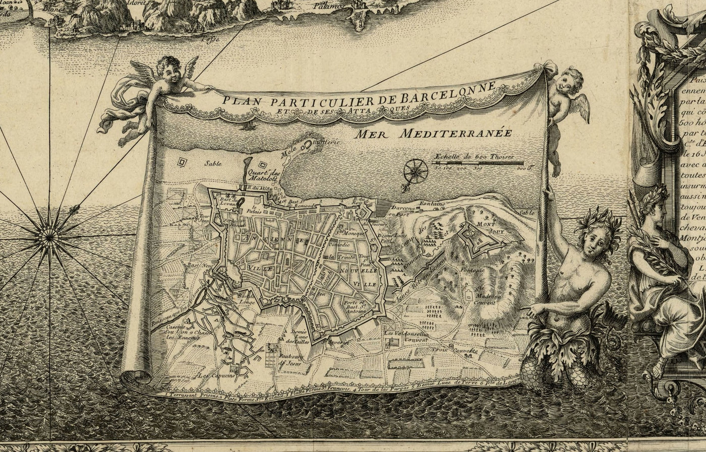 Antiguo mapa a vista de pájaro del asedio de Barcelona por Beaulieu, 1697: Montjuïc, fuerzas navales, campamentos franceses.