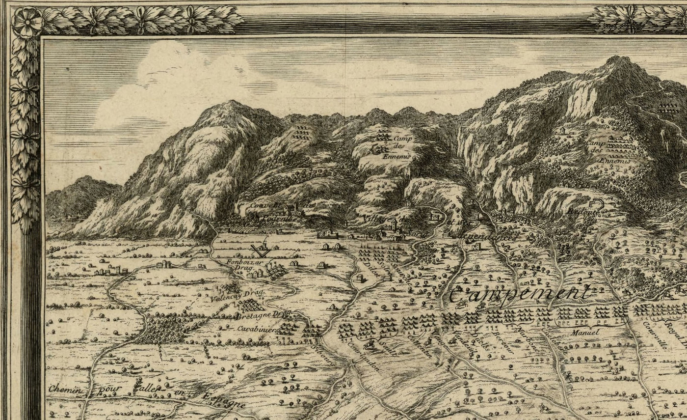 Antiguo mapa a vista de pájaro del asedio de Barcelona por Beaulieu, 1697: Montjuïc, fuerzas navales, campamentos franceses.