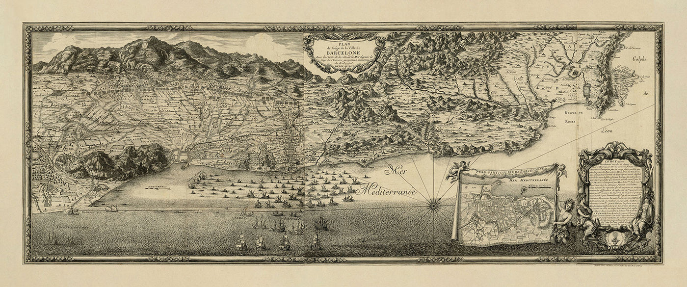 Antiguo mapa a vista de pájaro del asedio de Barcelona por Beaulieu, 1697: Montjuïc, fuerzas navales, campamentos franceses.