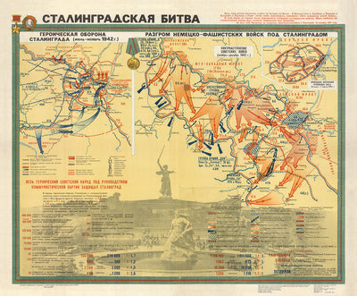 Ancienne carte militaire de la bataille de Stalingrad, 1951 : Stalingrad, rivière Volga, Mamayev Kurgan, usine Octobre Rouge, victoire soviétique.