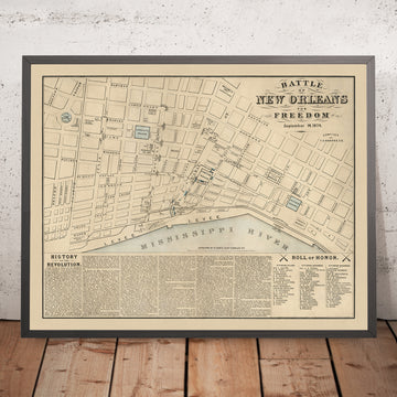 Old Battle of New Orleans, 1874 Map: Jackson Square, Custom House, State House, Lafayette Square, Mississippi River
