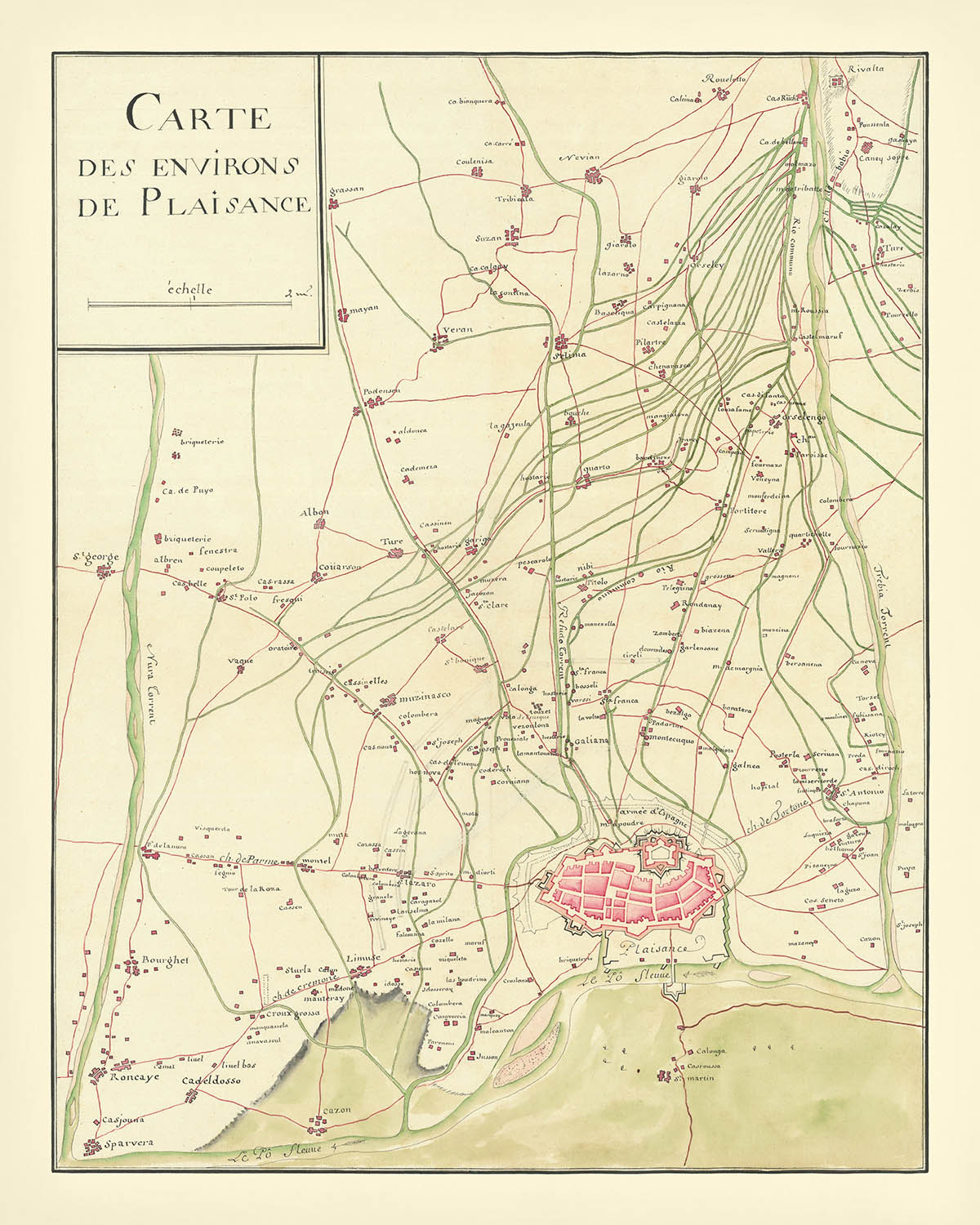 (Batalla de Piacenza / Guerra de Sucesión de Austria) Carte des environs de Plaisance de Anónimo, 1746