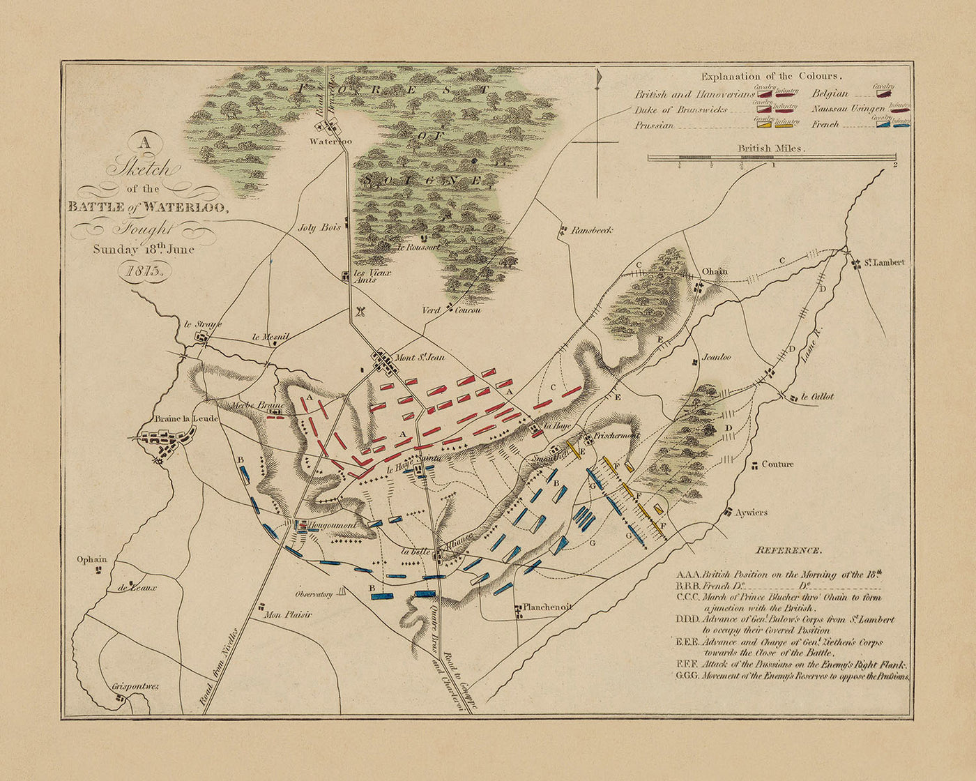 Schlacht bei Waterloo, 1815: Britische und französische Stellungen am Morgen von Anonymous, 1815