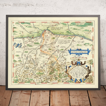 Antigua mapa de Baviera por Ortelius, 1570: Múnich, Augsburgo, río Danubio 