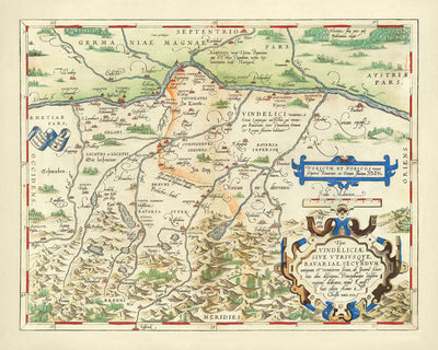 Carte ancienne de la Bavière par Ortelius, 1570 : Munich, Augsbourg, Danube, montagnes, cartouches