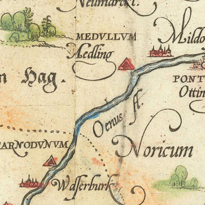 Alte Karte von Bayern von Ortelius, 1570: München, Augsburg, Donau, Berge, Kartuschen