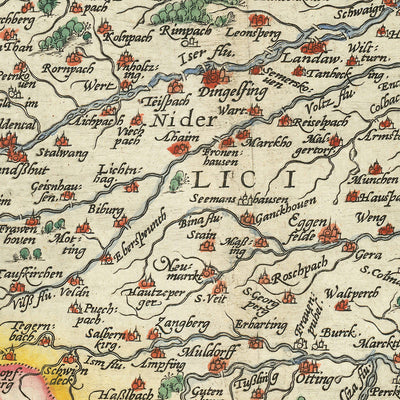 Carte ancienne de la Bavière par Ortelius, 1579 : Munich, Nuremberg, Danube, Alpes allemandes, cartouche décoratif