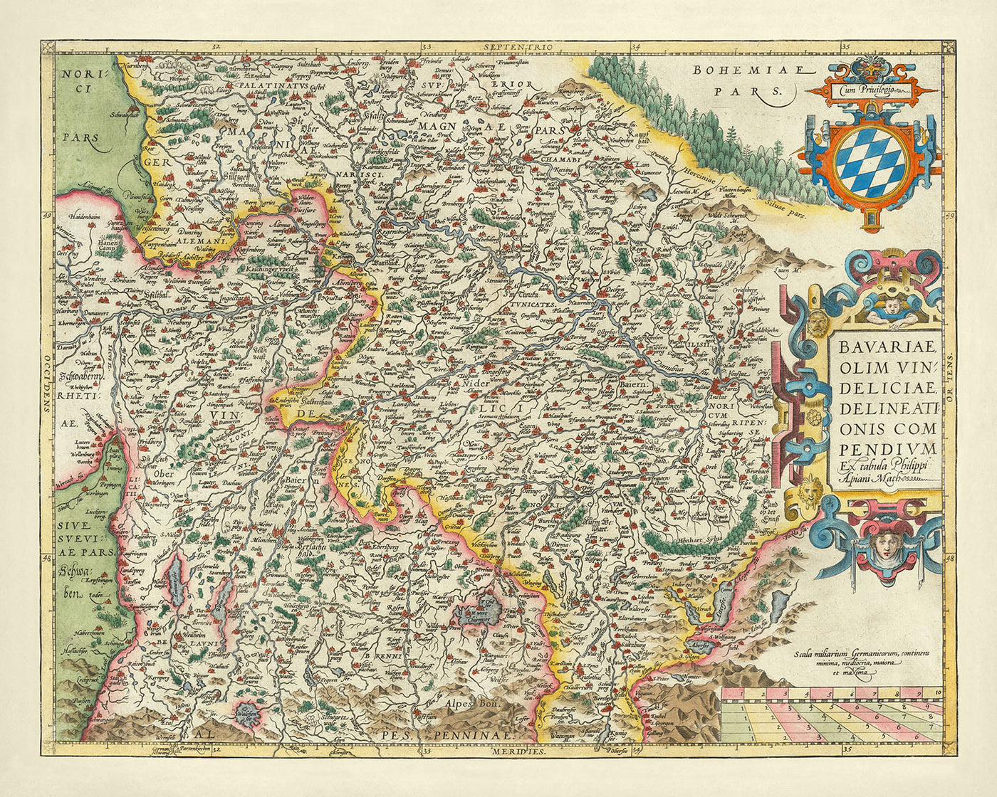 Alte Karte von Bayern von Ortelius, 1579: München, Nürnberg, Donau, Deutsche Alpen 