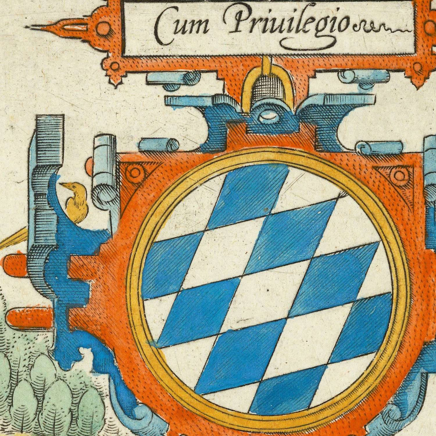 Carte ancienne de la Bavière par Ortelius, 1579 : Munich, Nuremberg, Danube, Alpes allemandes, cartouche décoratif