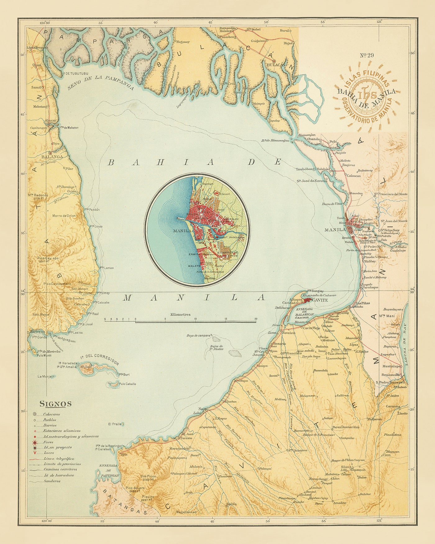 Alte Karte der Bucht von Manila von Hoen & Co, 1899: Cavite, Corregidor, Manila, Pasig River, spanischer Kolonialismus