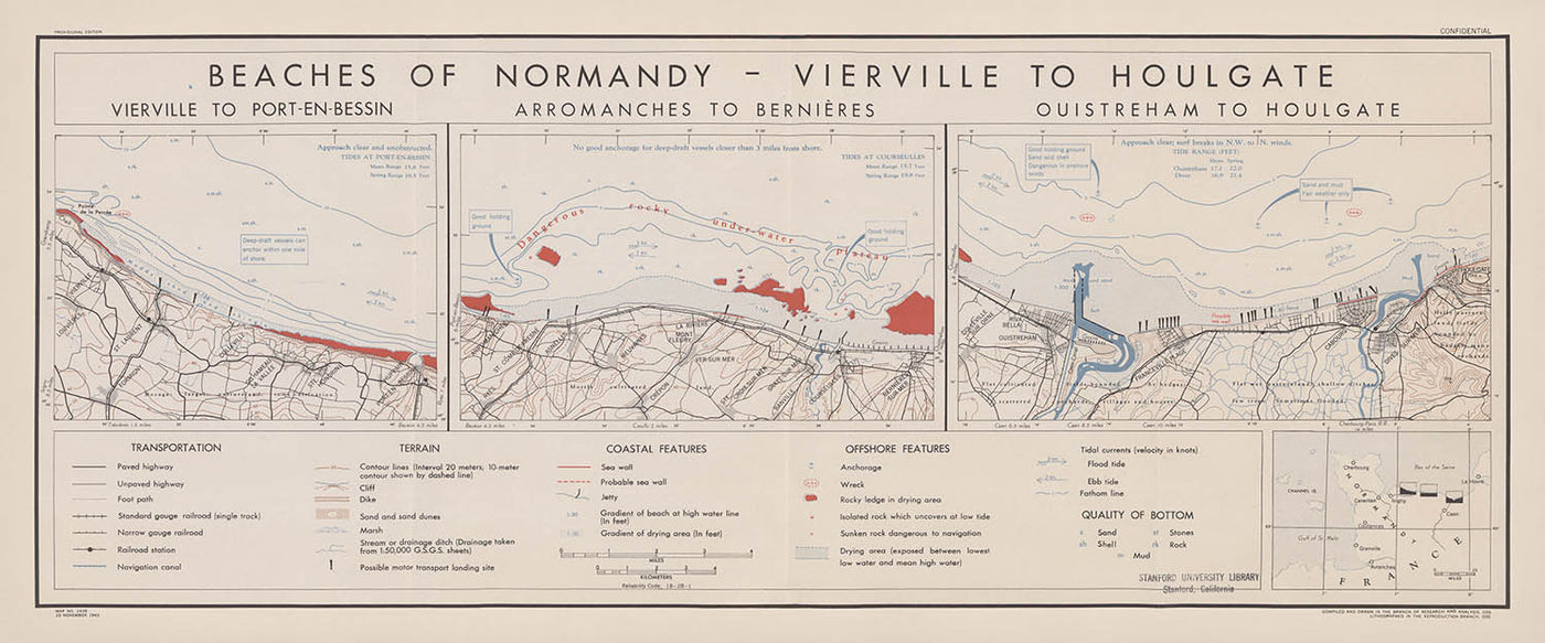 Old Military Map of Normandy Beaches, 1943:  D-Day Planning, Vierville to Houlgate, Arromanches