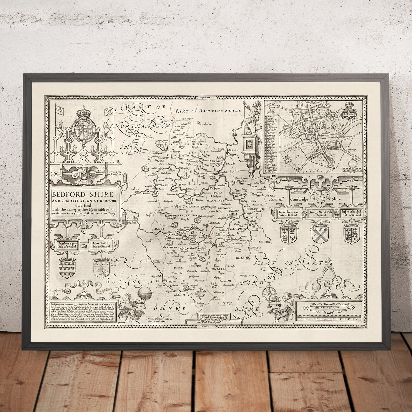 Antiguo mapa de Bedfordshire 1611, John Speed - Bedford, Luton, Dunstable, St Neots, Kempston, Leighton Buzzard