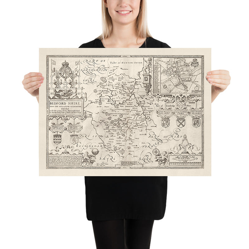 Antiguo mapa de Bedfordshire 1611, John Speed - Bedford, Luton, Dunstable, St Neots, Kempston, Leighton Buzzard