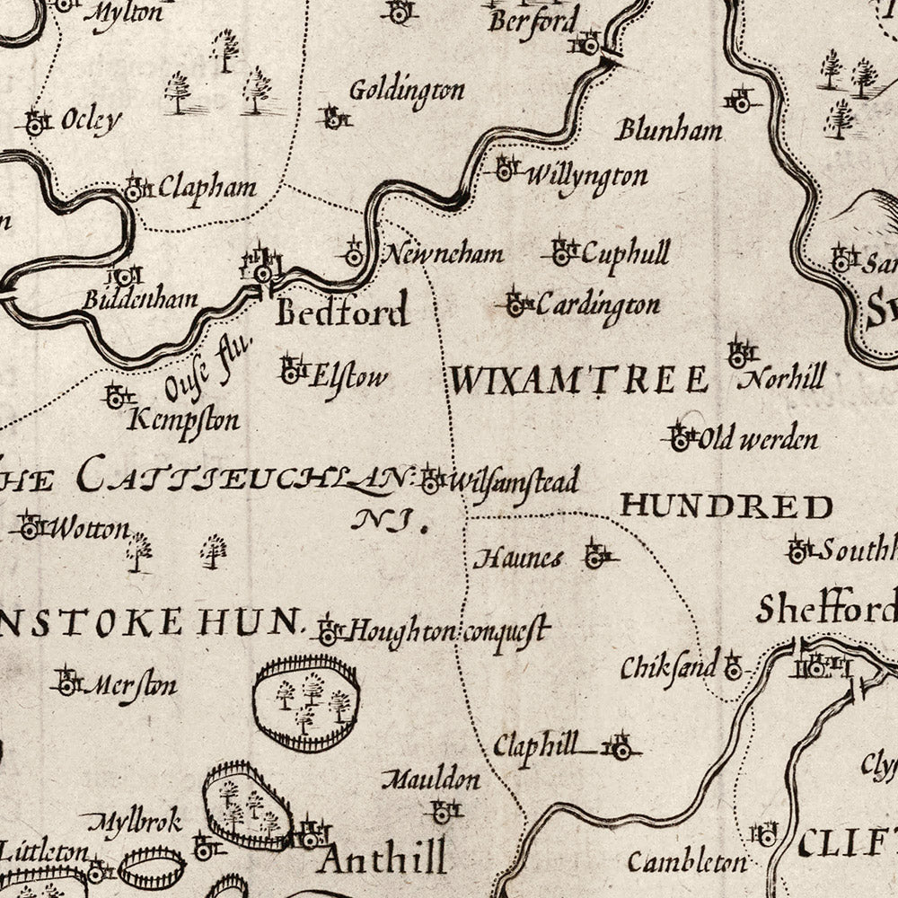 Antiguo mapa de Bedfordshire 1611, John Speed - Bedford, Luton, Dunstable, St Neots, Kempston, Leighton Buzzard