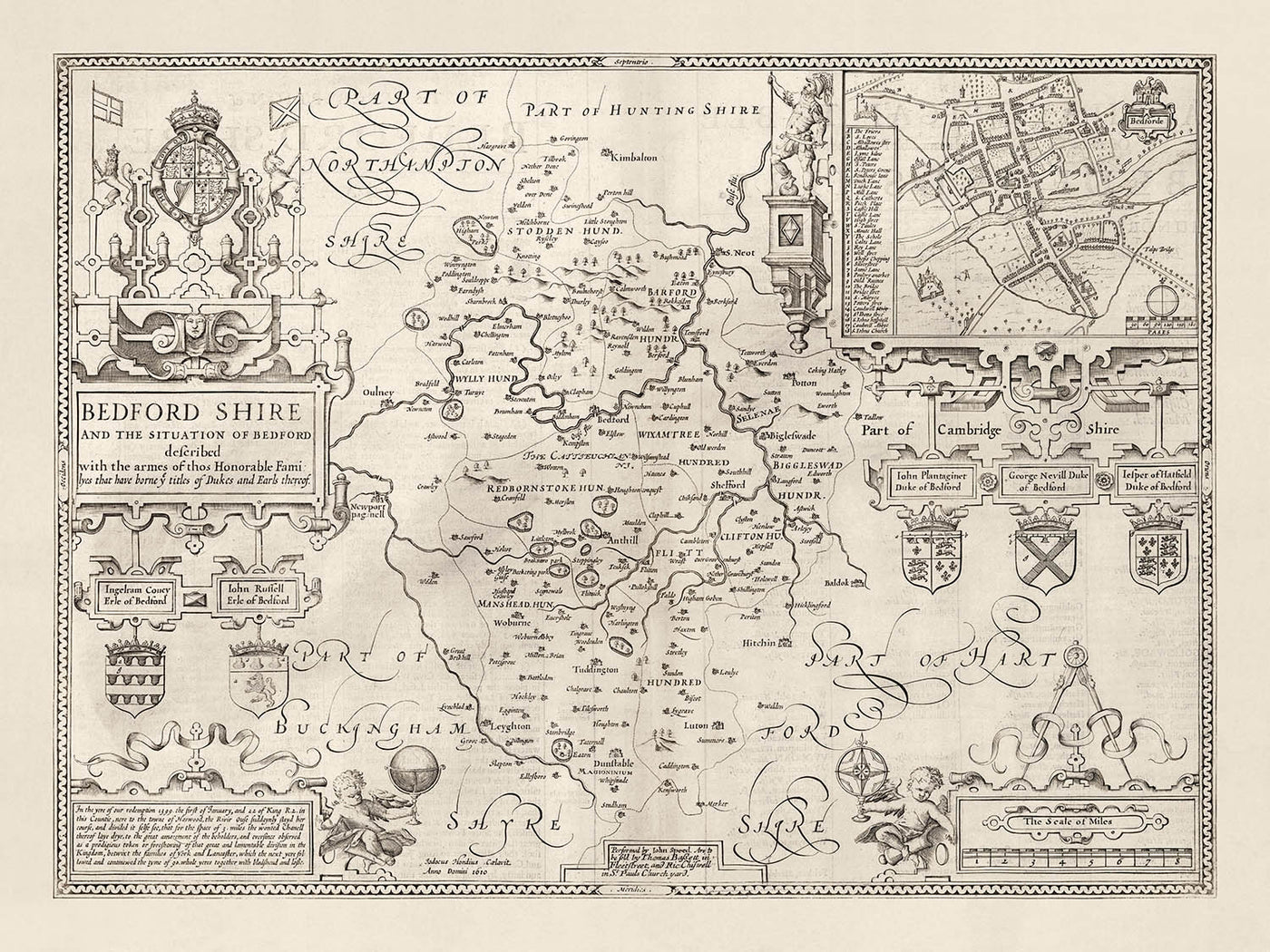 Antiguo mapa de Bedfordshire 1611, John Speed - Bedford, Luton, Dunstable, St Neots, Kempston, Leighton Buzzard