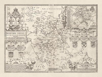 Antiguo mapa de Bedfordshire 1611, John Speed - Bedford, Luton, Dunstable, St Neots, Kempston, Leighton Buzzard