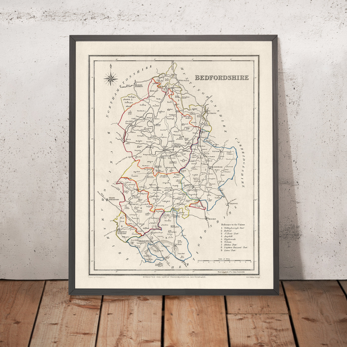 Ancienne carte du Bedfordshire par Samuel Lewis, 1844 : Luton, Dunstable, Leighton Buzzard, Biggleswade, Ampthill