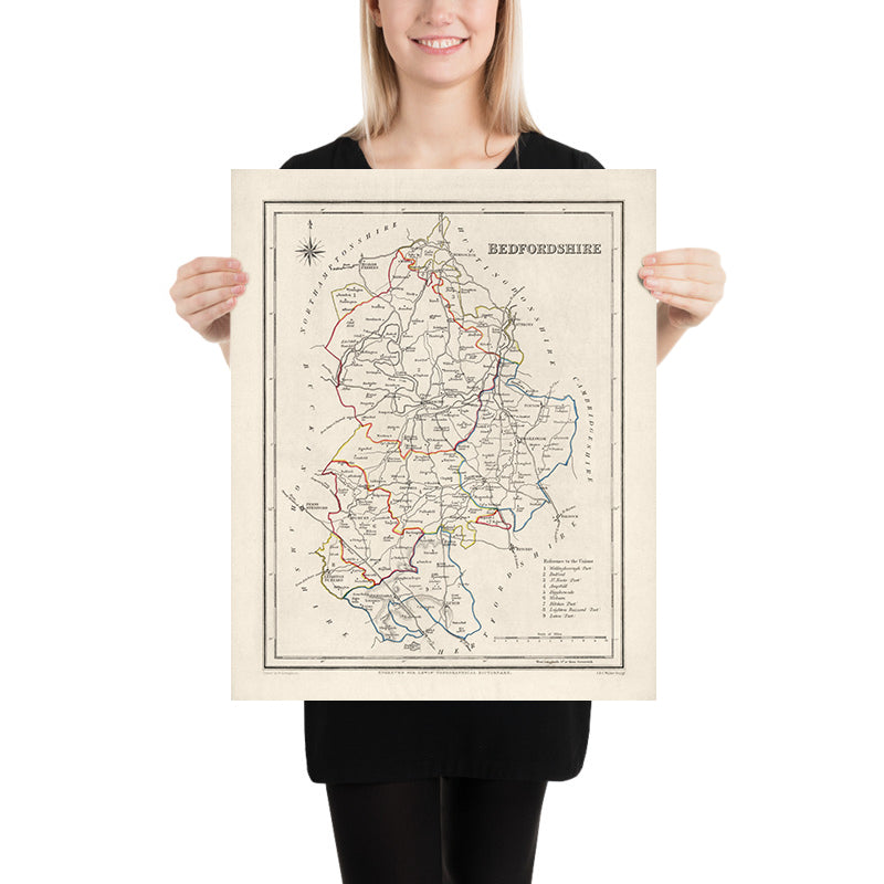 Ancienne carte du Bedfordshire par Samuel Lewis, 1844 : Luton, Dunstable, Leighton Buzzard, Biggleswade, Ampthill