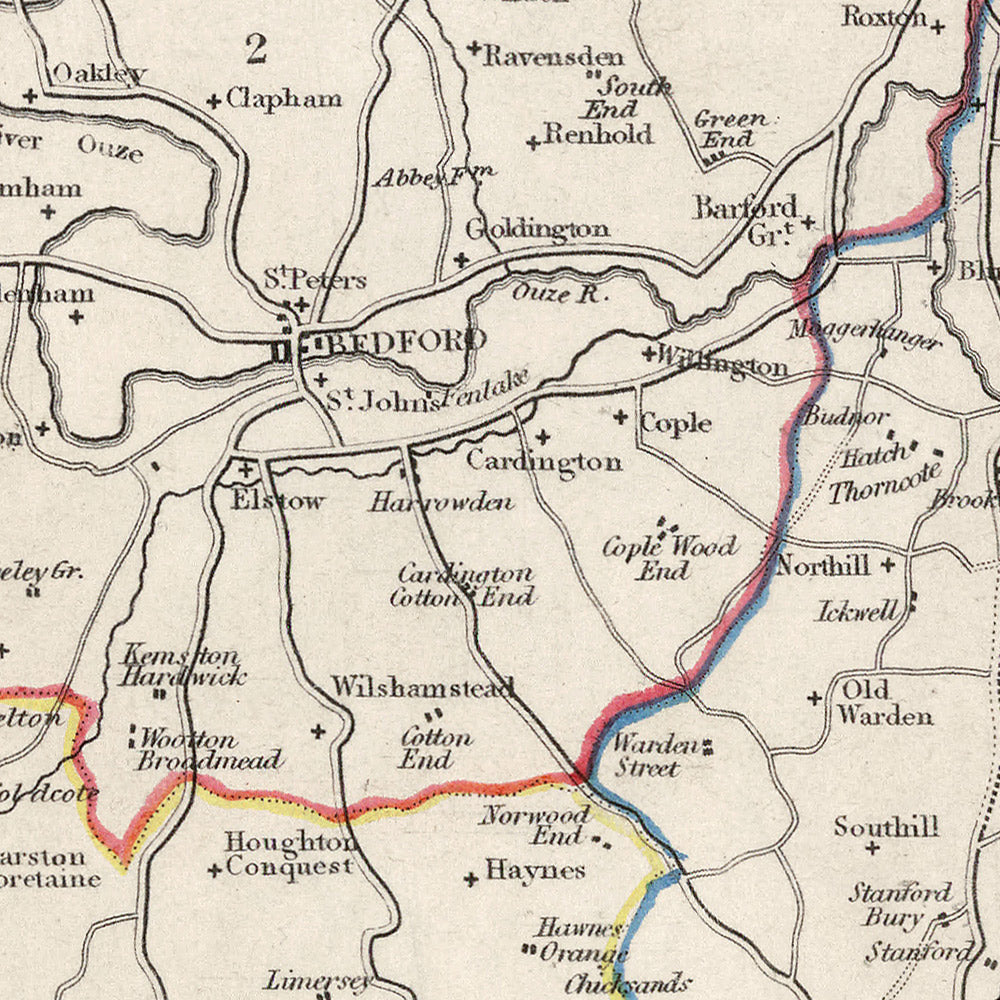 Ancienne carte du Bedfordshire par Samuel Lewis, 1844 : Luton, Dunstable, Leighton Buzzard, Biggleswade, Ampthill
