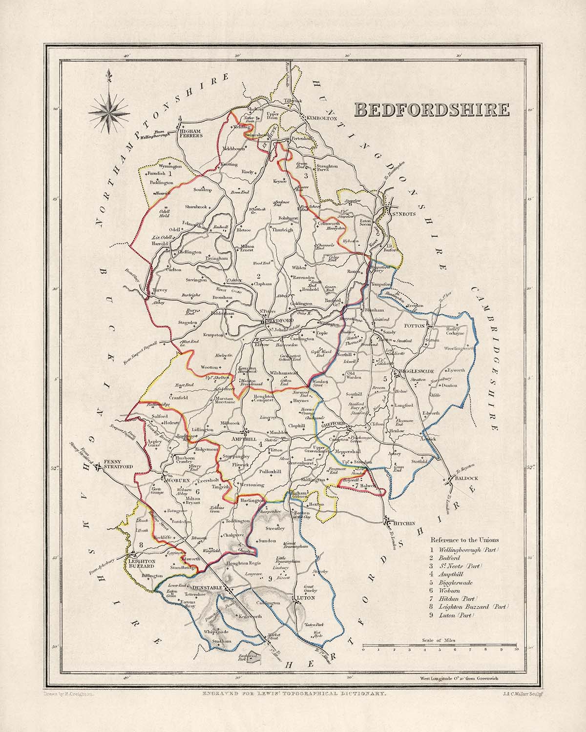 Ancienne carte du Bedfordshire par Samuel Lewis, 1844 : Luton, Dunstable, Leighton Buzzard, Biggleswade, Ampthill