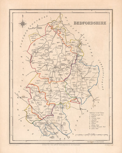 Alte Karte von Bedfordshire von Samuel Lewis, 1844: Luton, Dunstable, Leighton Buzzard, Biggleswade, Ampthill